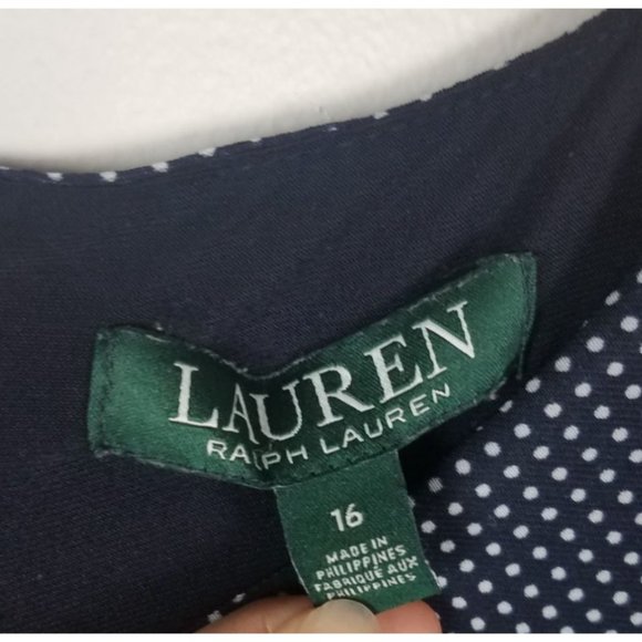 Lauren Ralph Lauren Sz.16 Navy & White Polka Dot Sleeveless Knee Length Dress - Picture 2 of 8
